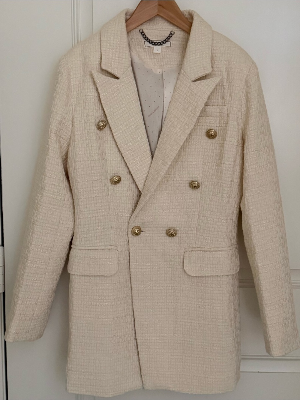 Belle & Bloom Women's Cream Tweed Double-Breasted Blazer Coat L